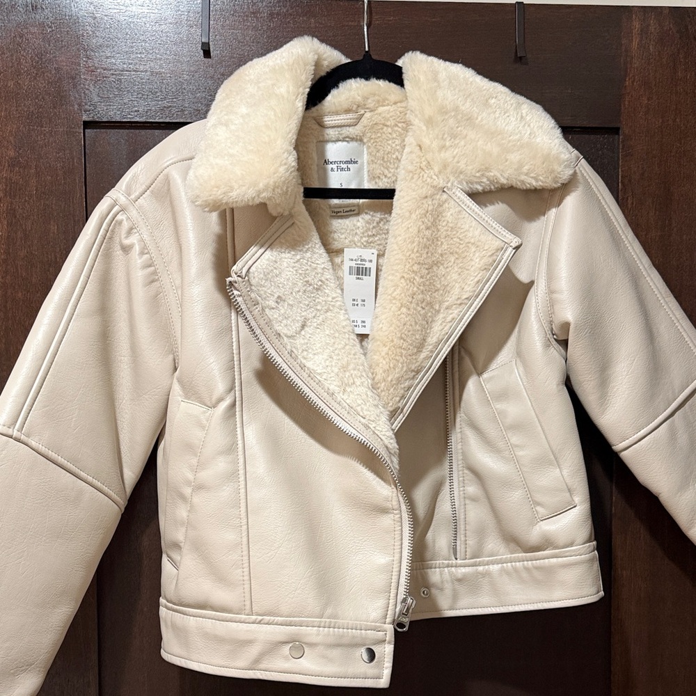 Abercrombie & Fitch Beige Leather Jacket with Shearling Collar